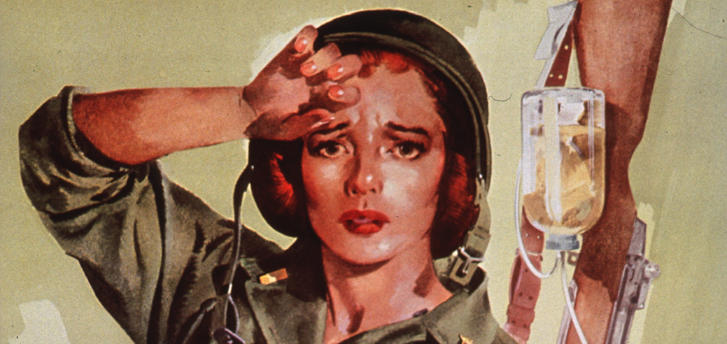 A woman in uniform rests by a rifle and IV unit.